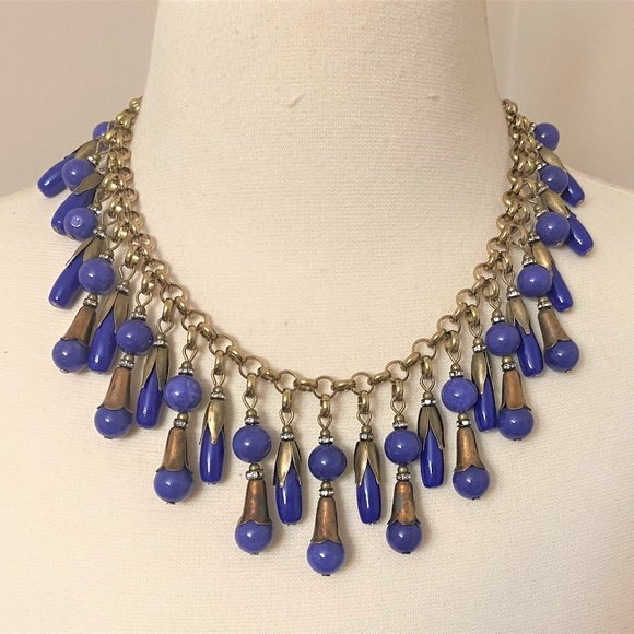 Vintage Antique Brass & Blue Glass & Rhinestone Dangle Necklace - Picture 1 of 9